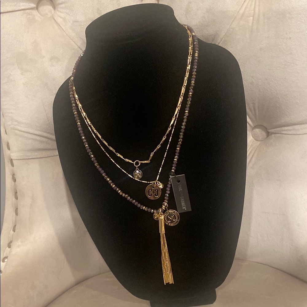 Elegant Gold and Dark Purple Beaded Layered Necklace